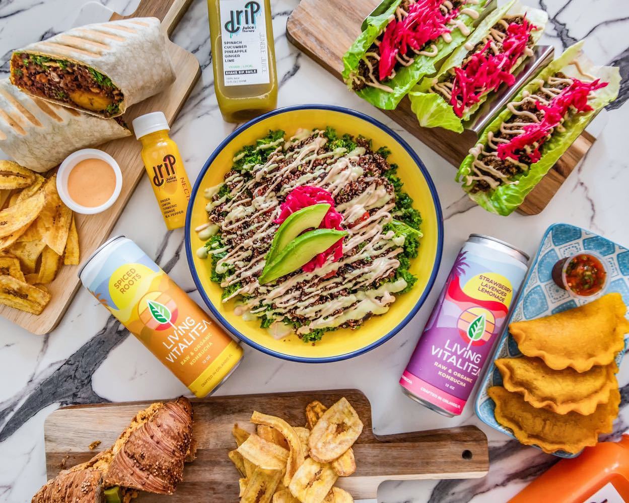 spread of vegan latin food and drinks