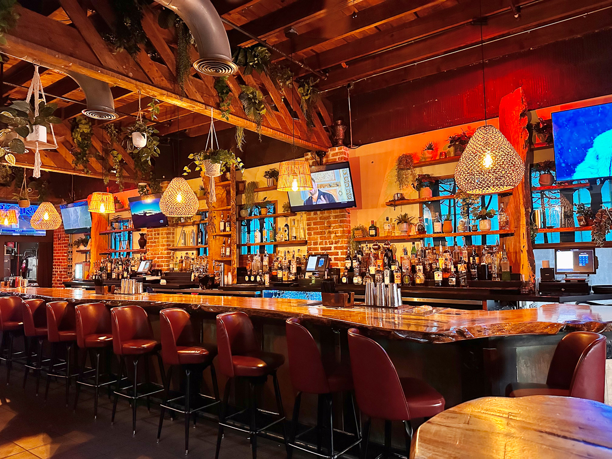 Bar made of wood with brown and green decor