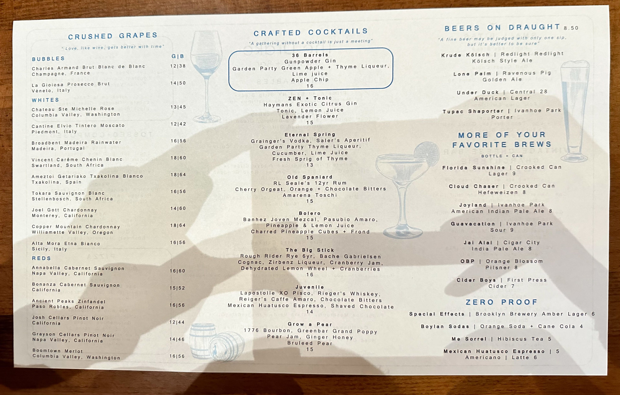 white menu with black text