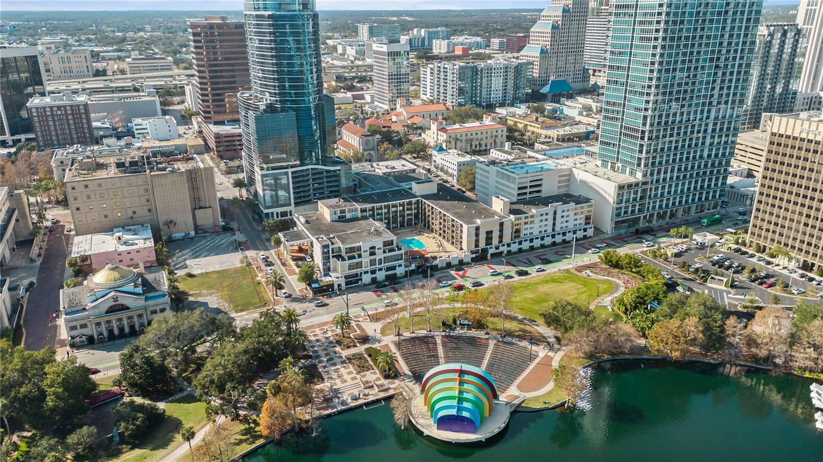 drone shot of metropolitan building in downtown orlando