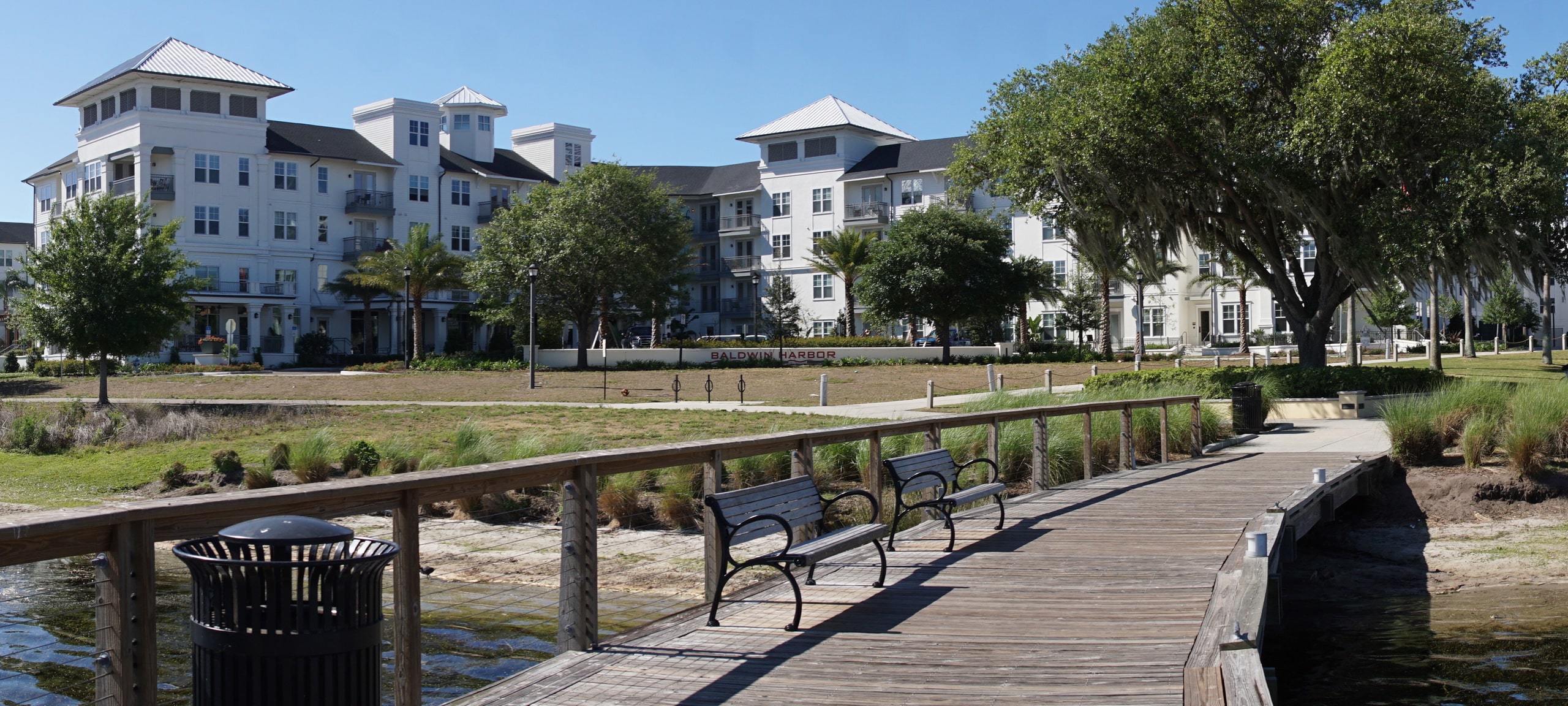 Bay Harbor Apartments condo building from Harbor Park, Baldwin Park