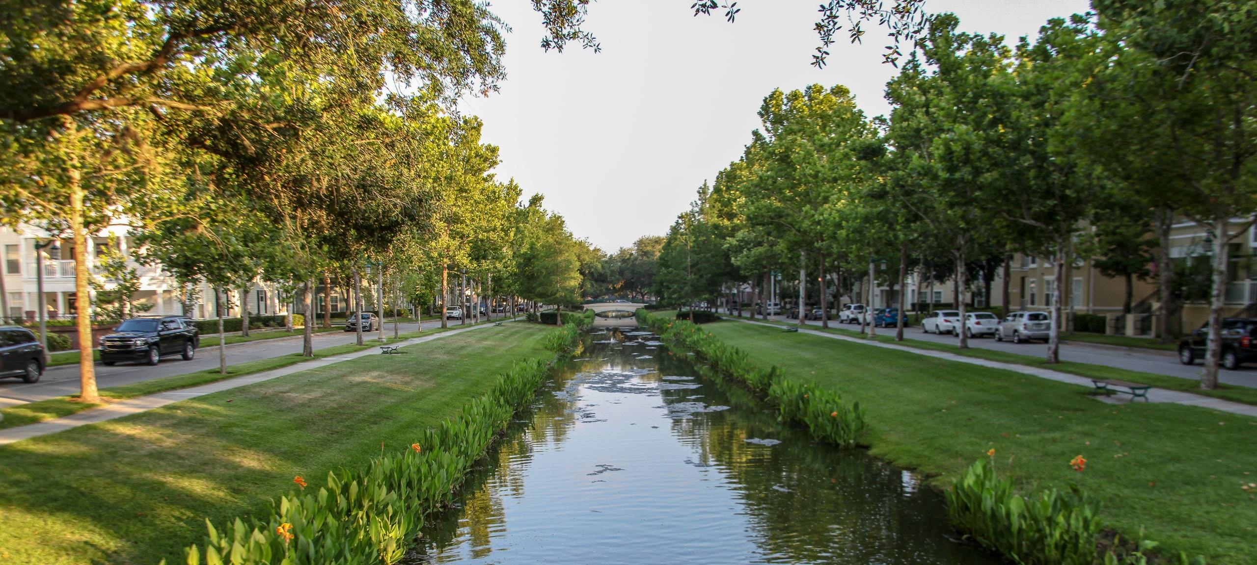 River flowing through residential street in Celebration, Orlando