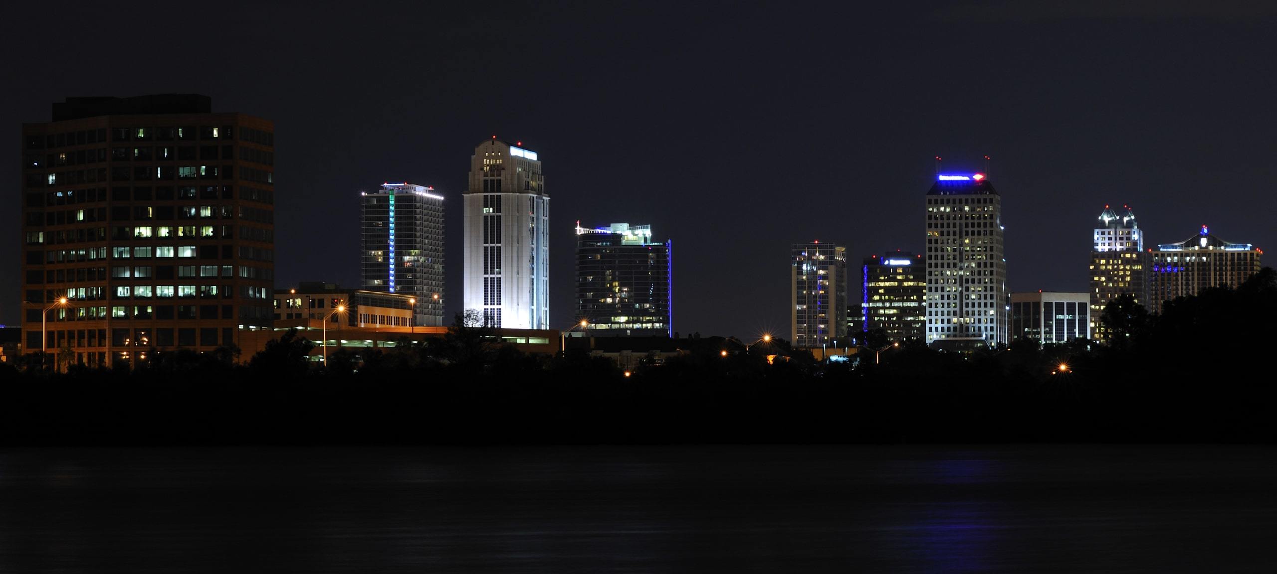 Night view of downtown Orlando from Lake Adair in College Park
