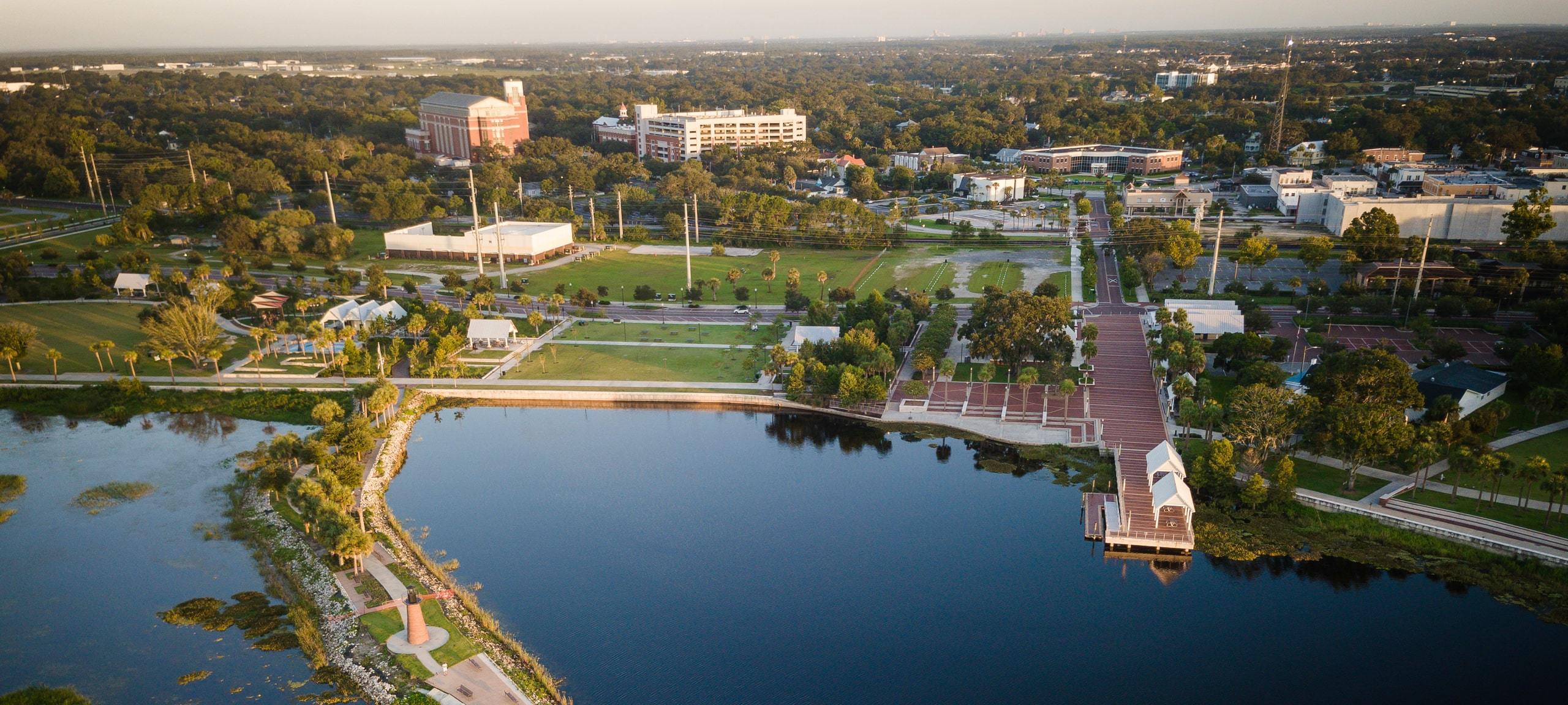 Aerial view of Kissimmee Lakefront Park lighthouse and boardwalk in Kissimmee, FL