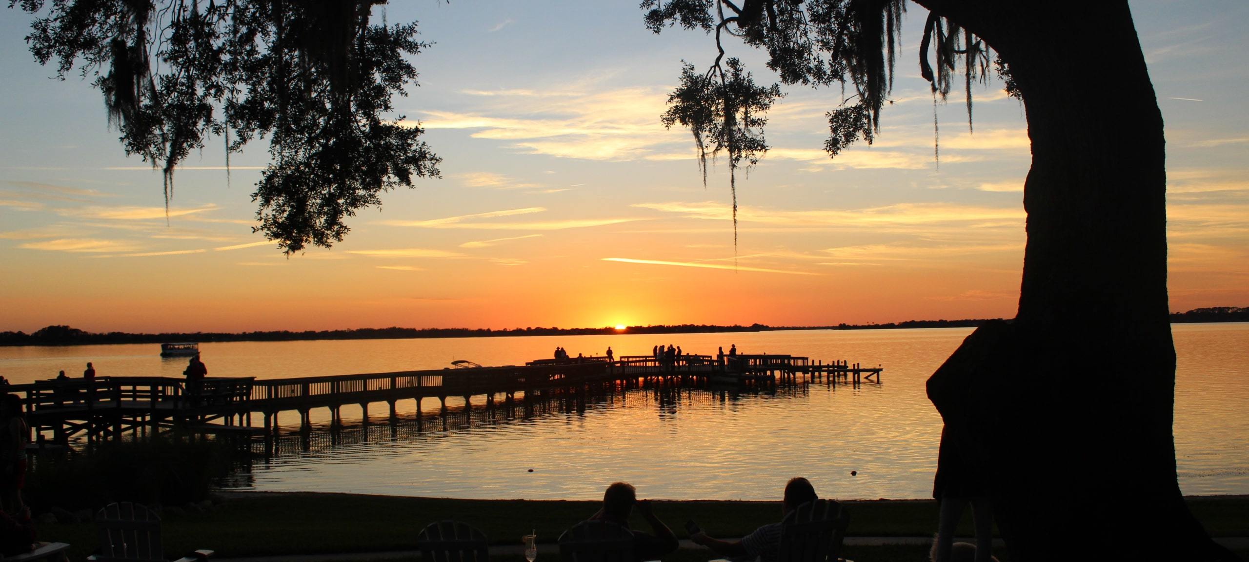 Sunset over Lake Dora boardwalk in Mount Dora, FL