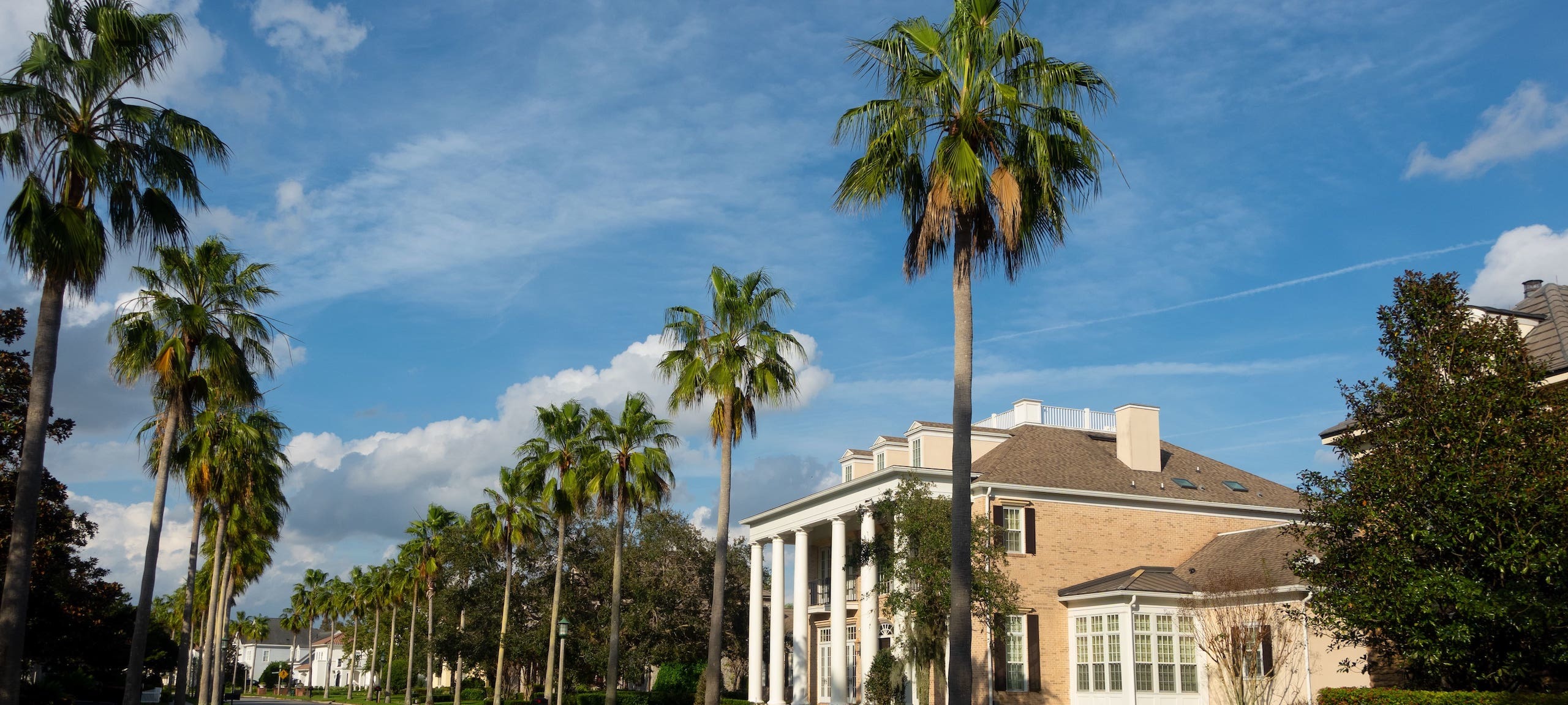 A luxury property, blue skyline and palm trees in Orlando, FL.