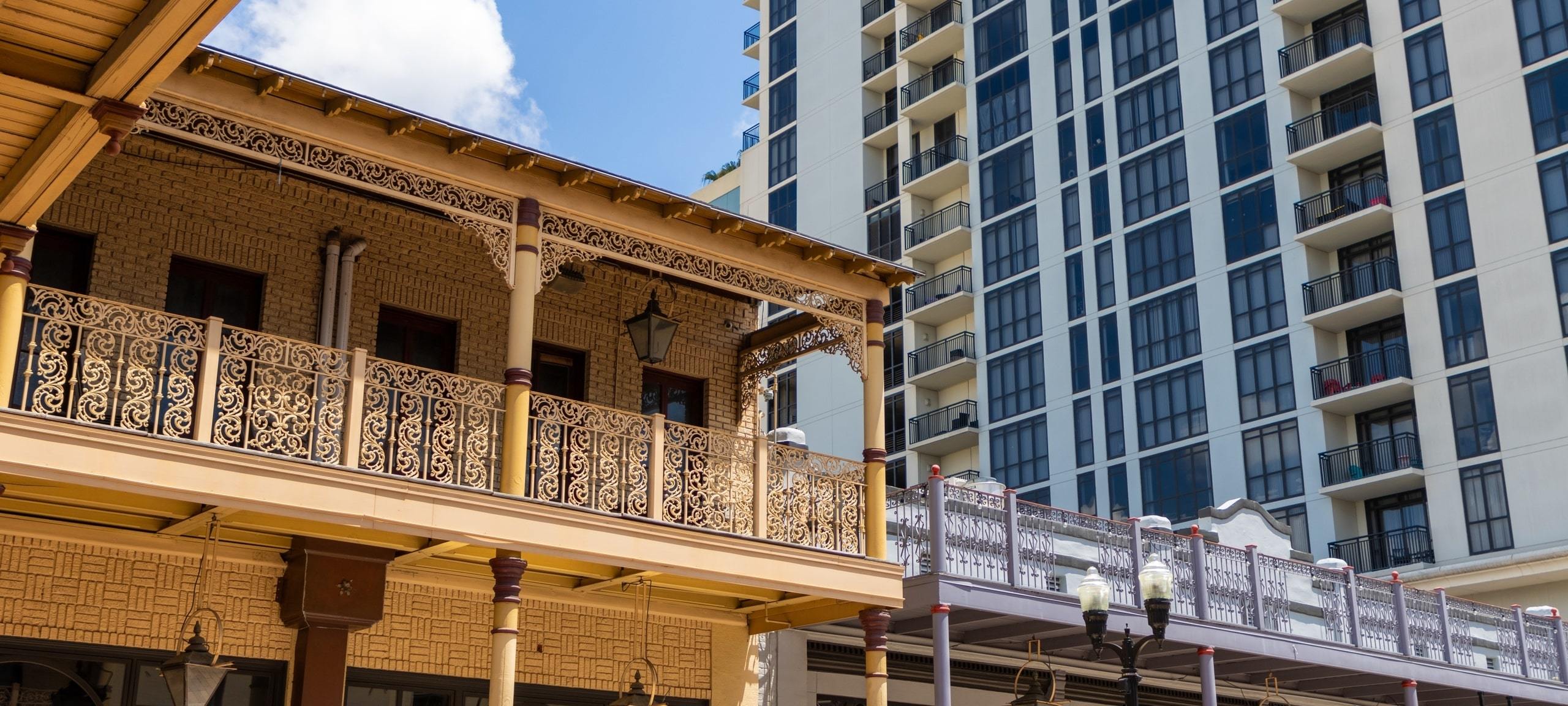 Historic building next to high-rise condo in Downtown Orlando, Florida